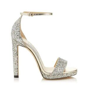 JIMMY CHOO Misty 120 Glitter Platform Heels Sandals Woven Platinum sz 39 (NWT)